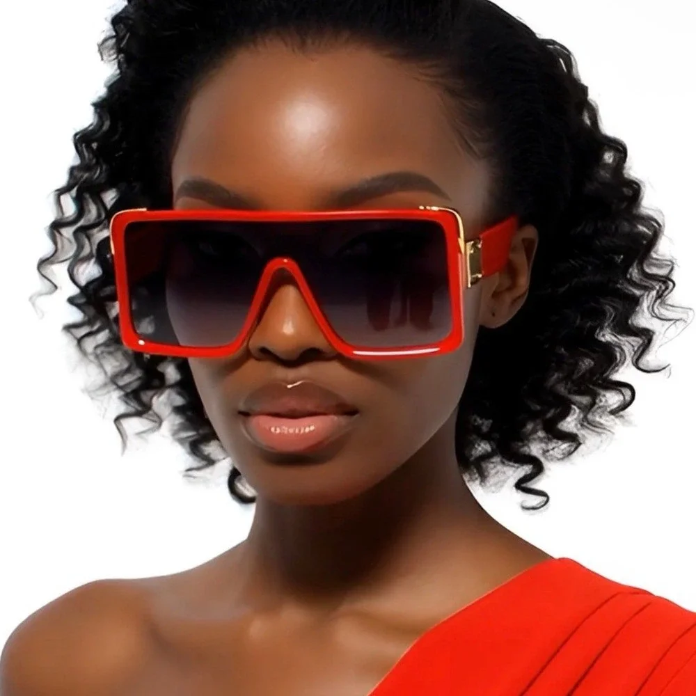 Oversized Square Sunglasses Red Frame Gold‎ Black Lens Stret Beach Wear Women
